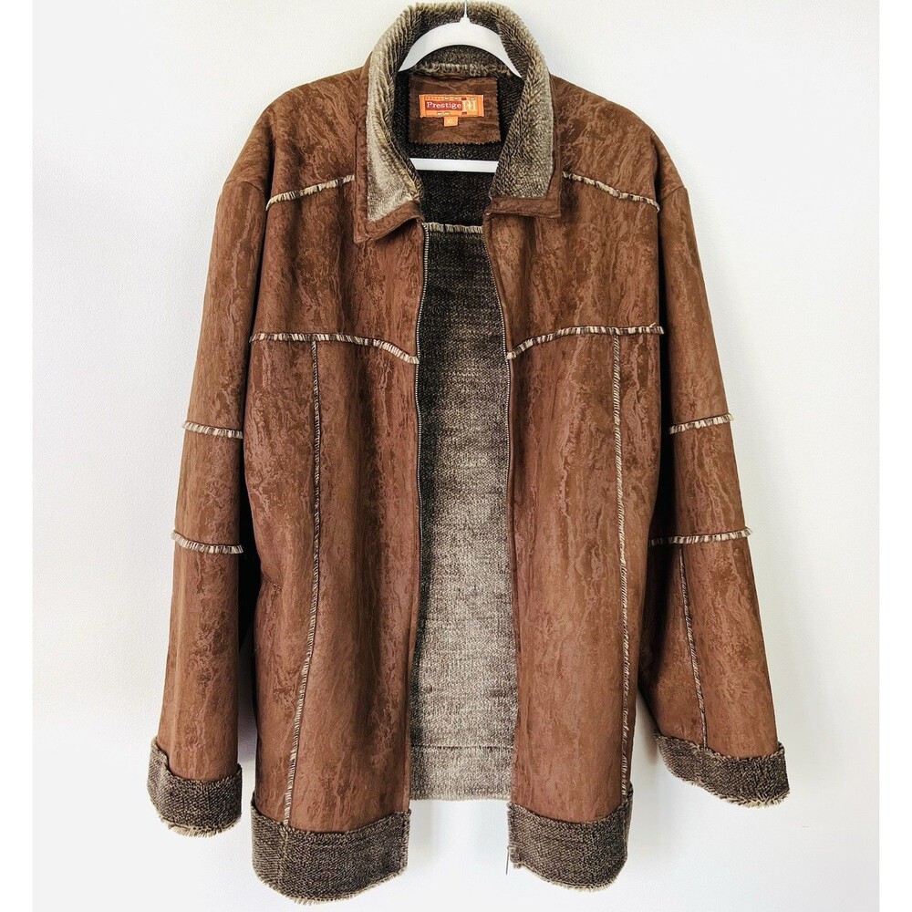 Prestige Brown Vegan Suede Sherpa Lined Fur Collar UltraSoft Jacket Coat Mens XL - Picture 2 of 10